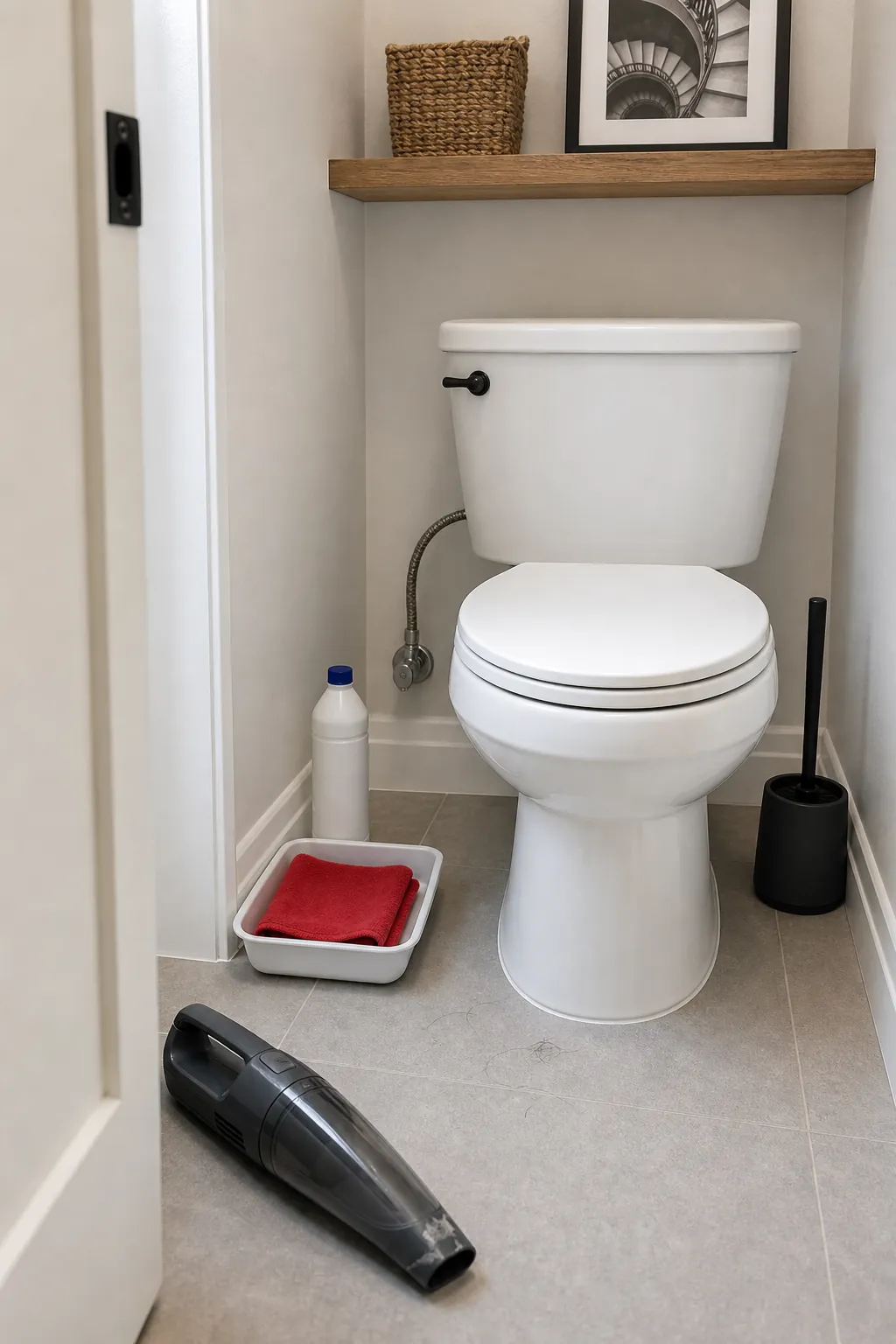 Separate cloth and brush arranged for hygienic toilet cleaning order