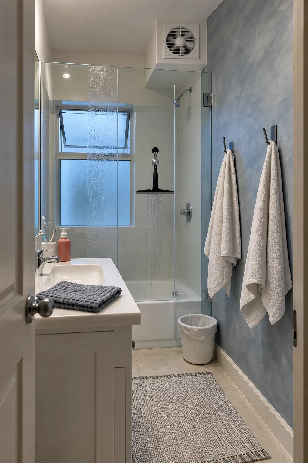 Dry shower glass and ventilated bathroom after a five-minute cleanup