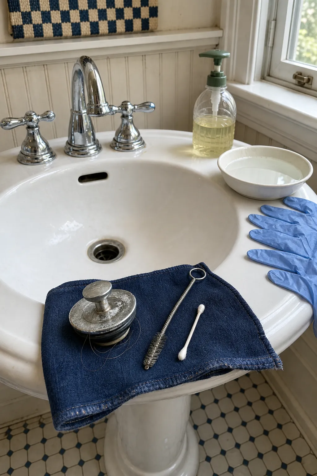 Bathroom sink stopper and narrow brush ready for drain cleaning