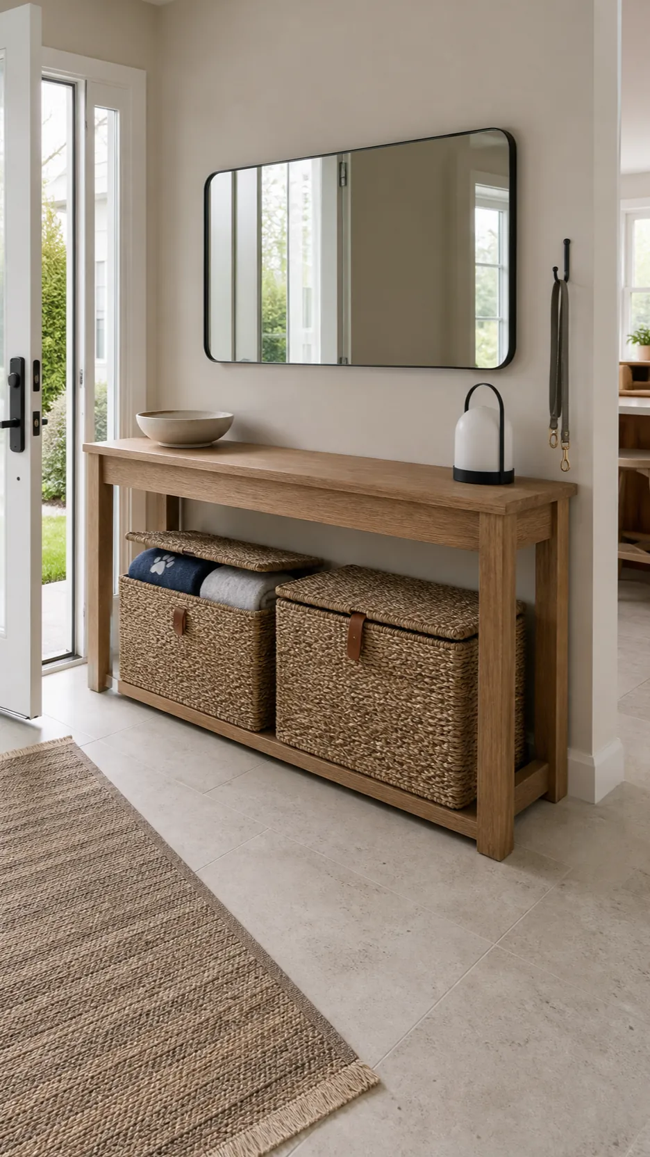 Matching woven entryway baskets organized beneath a wood console and mirror