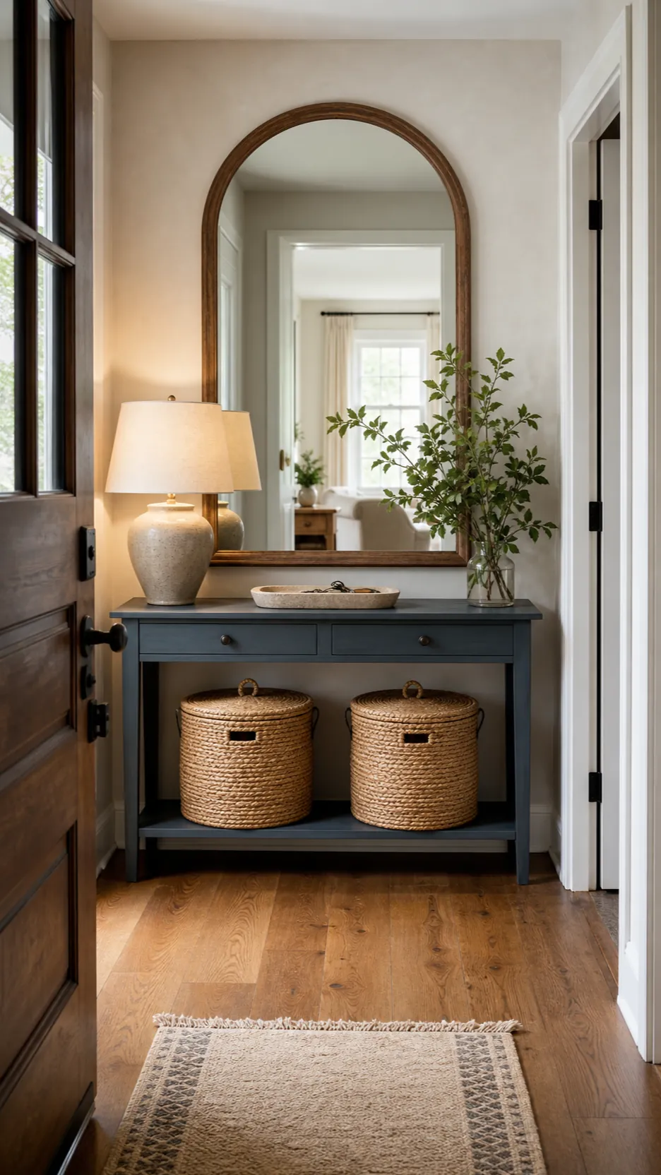 Entryway mirror styled with a warm lamp and practical woven baskets