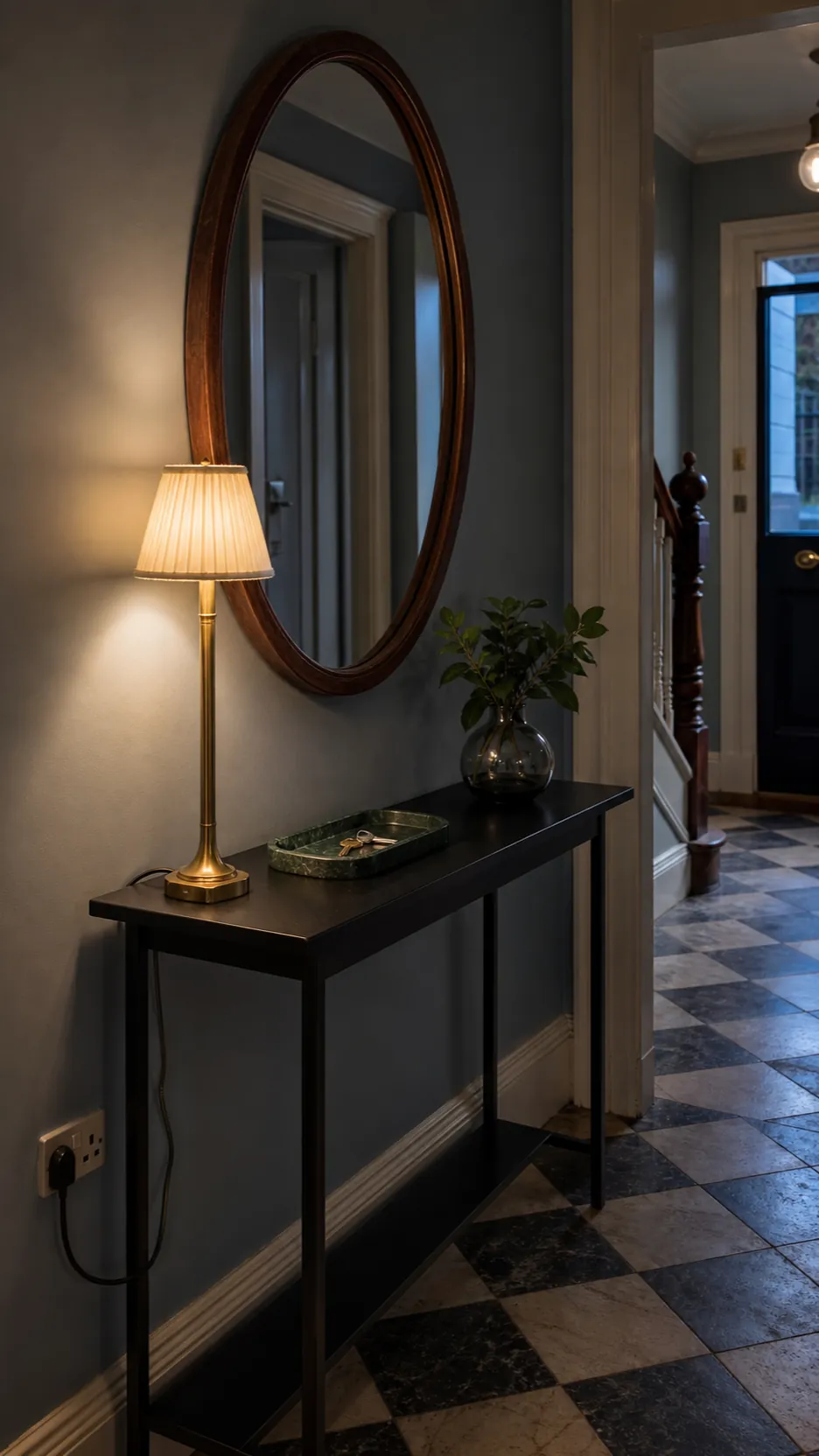 Entryway mirror and narrow console illuminated by a soft shaded lamp