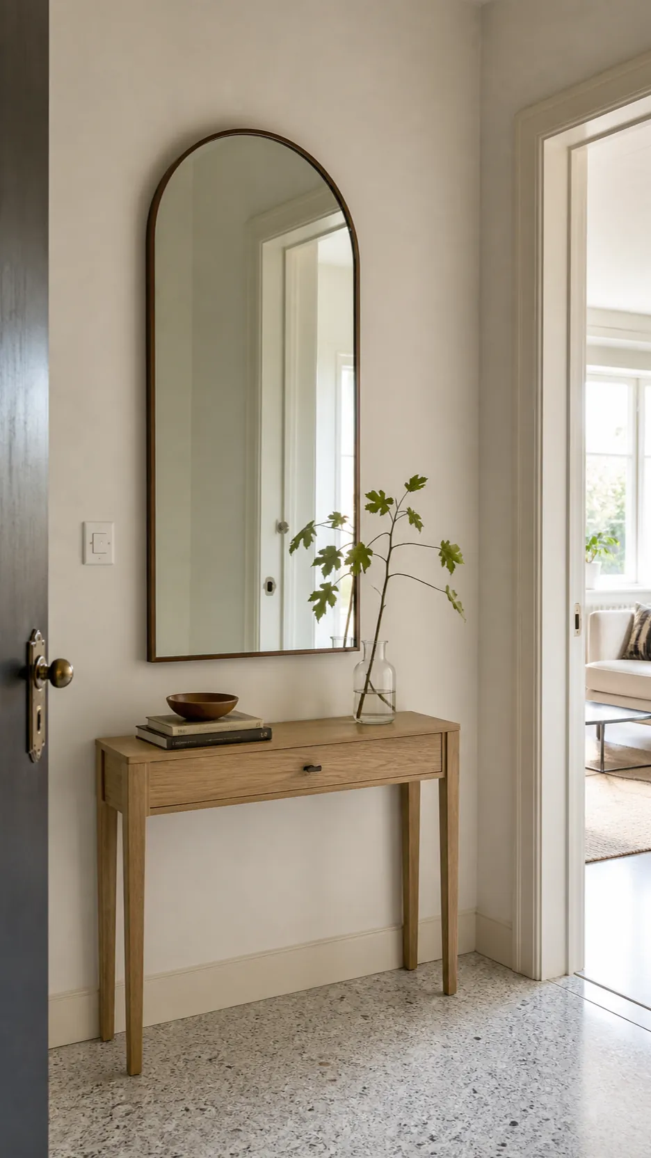 Large arched entryway mirror correctly scaled over a slim console