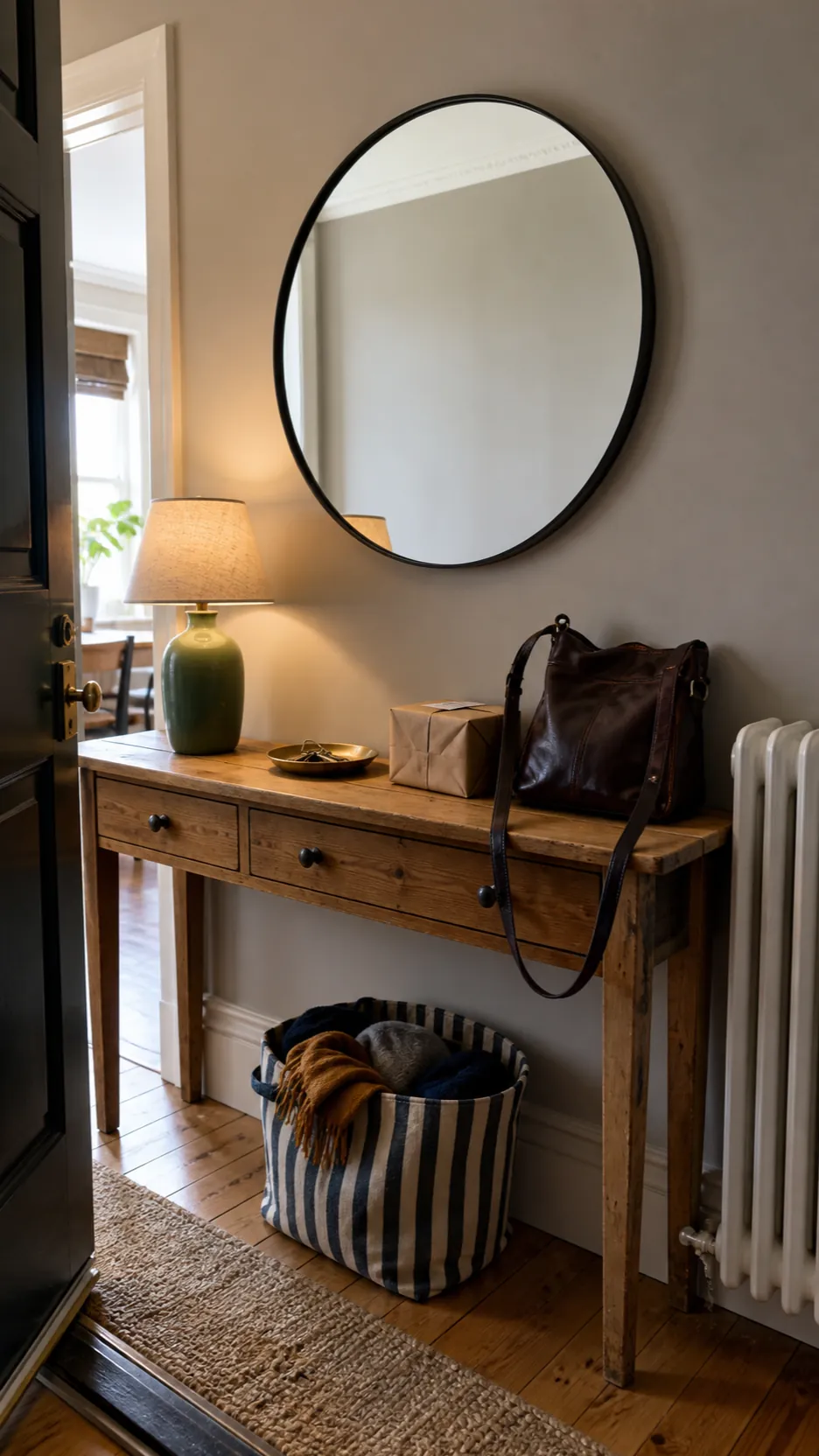 Entryway console with mirror lamp basket and a clear everyday drop zone
