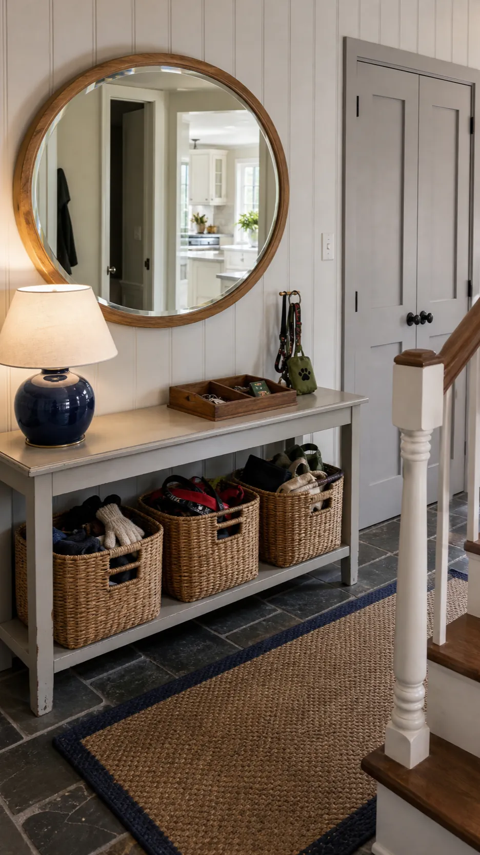 Family entryway with a wall mirror stable lamp and practical storage baskets