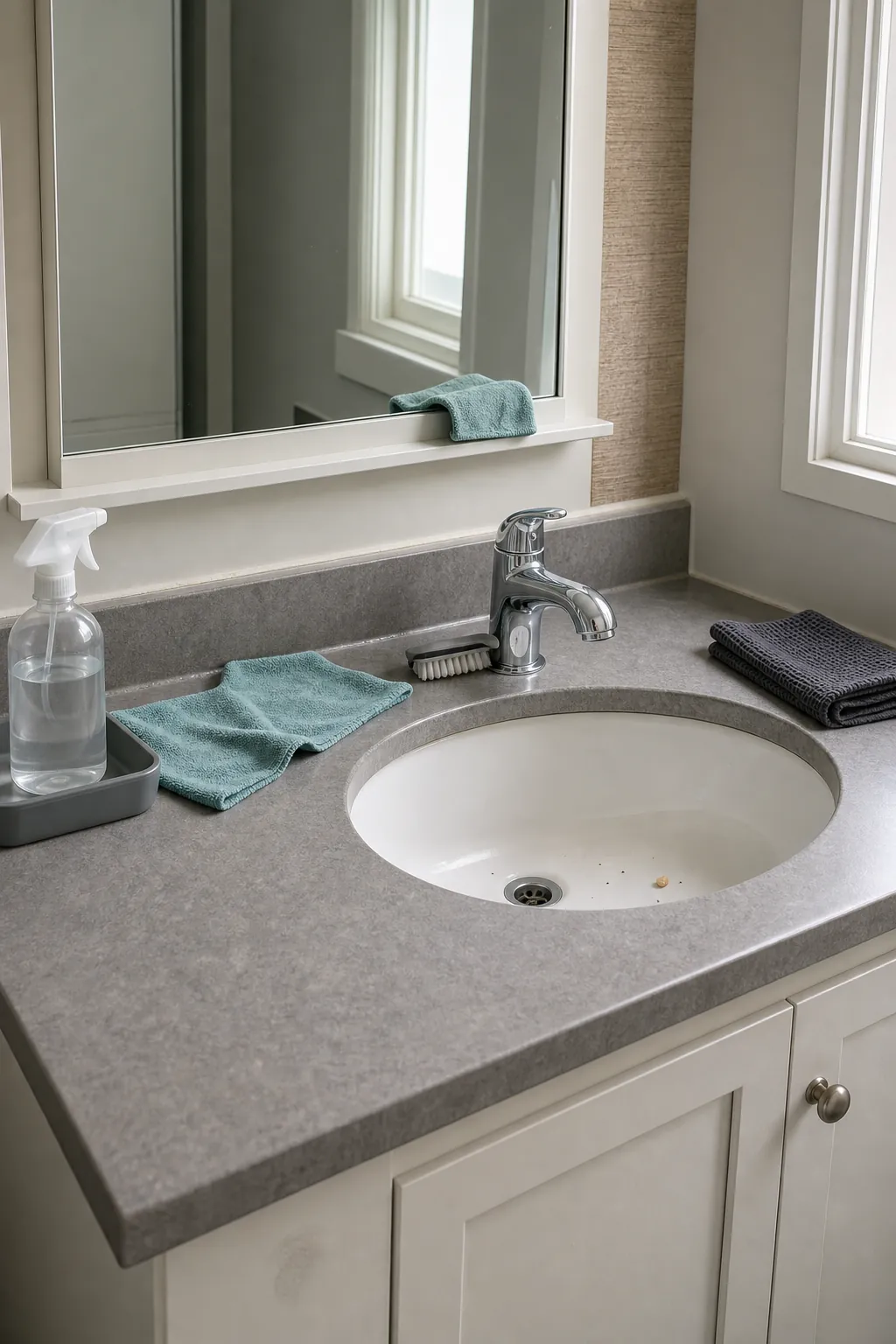 Mirror, vanity, faucet, and sink being cleaned in an efficient order