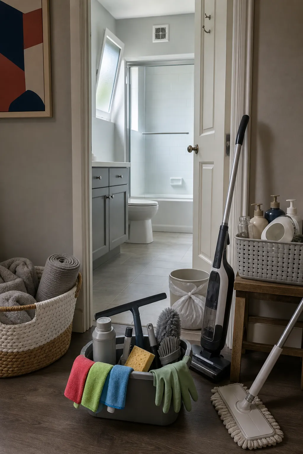 Bathroom cleaning supplies organized at an open doorway before cleaning
