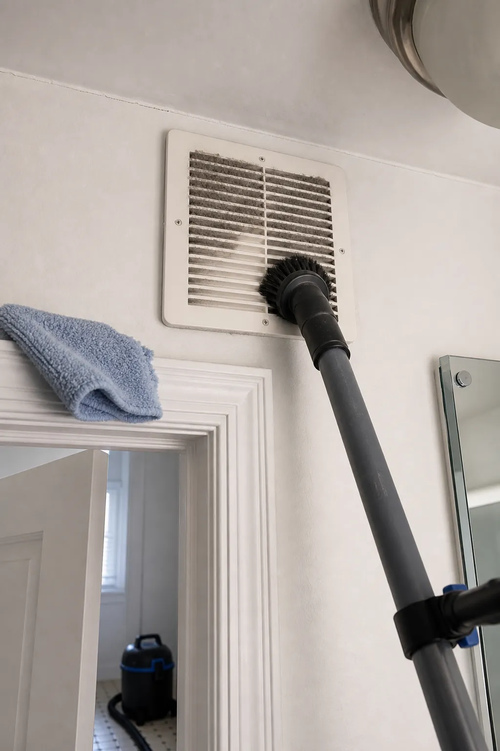Vacuum attachment removing dry dust from a bathroom exhaust grille