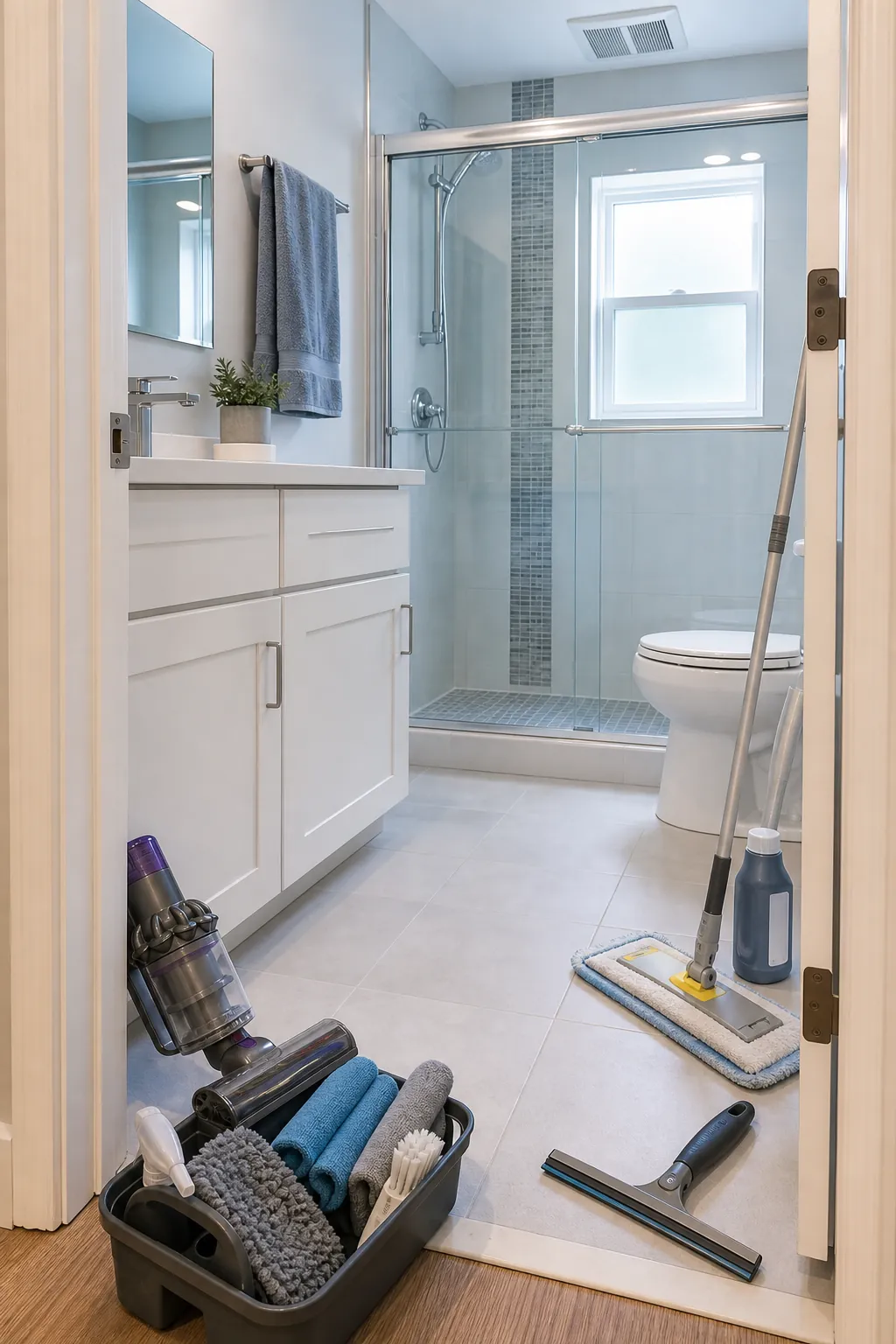 Organized bathroom ready for a step-by-step cleaning routine