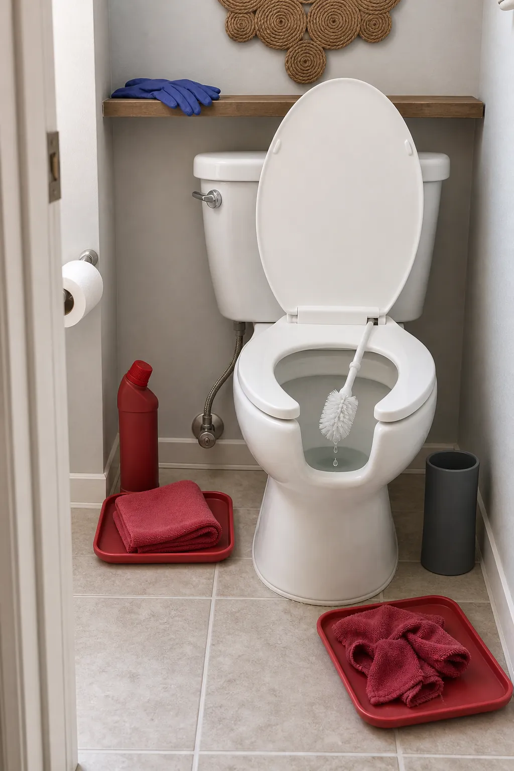 Color-coded cloth and toilet brush kept separate from vanity cleaning tools