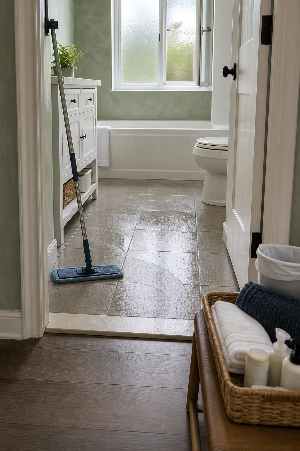 Freshly mopped bathroom floor drying from the far corner toward the doorway