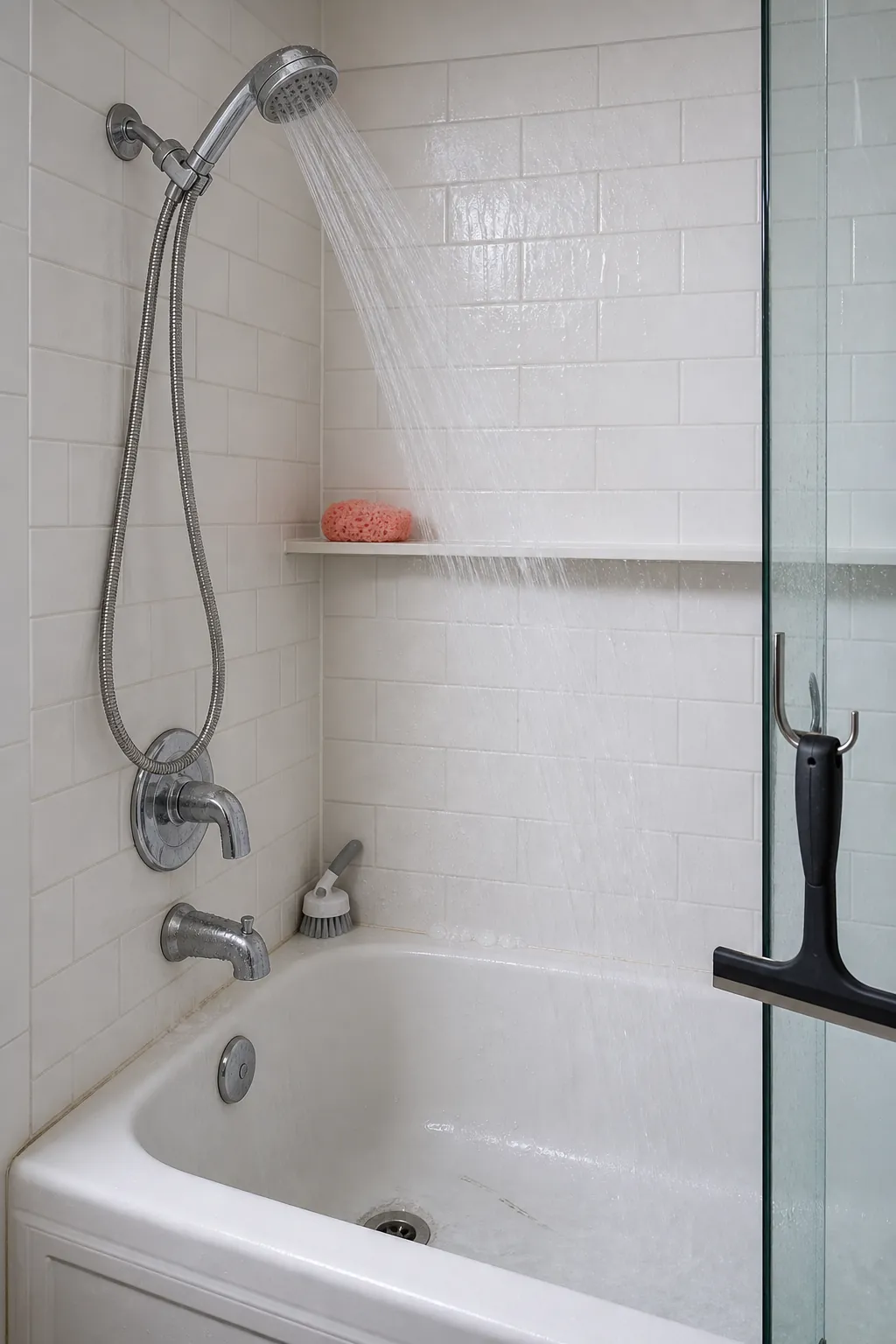 Clean shower being rinsed from upper tile down to the tub basin