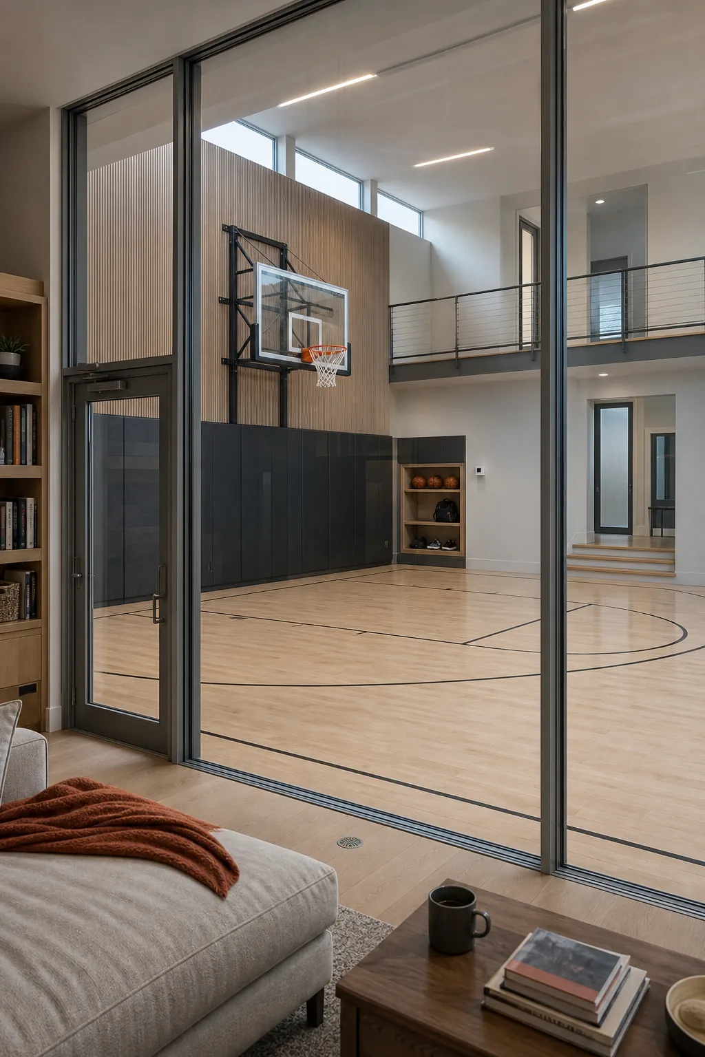 Modern house with a glass-walled indoor basketball court beside the living area