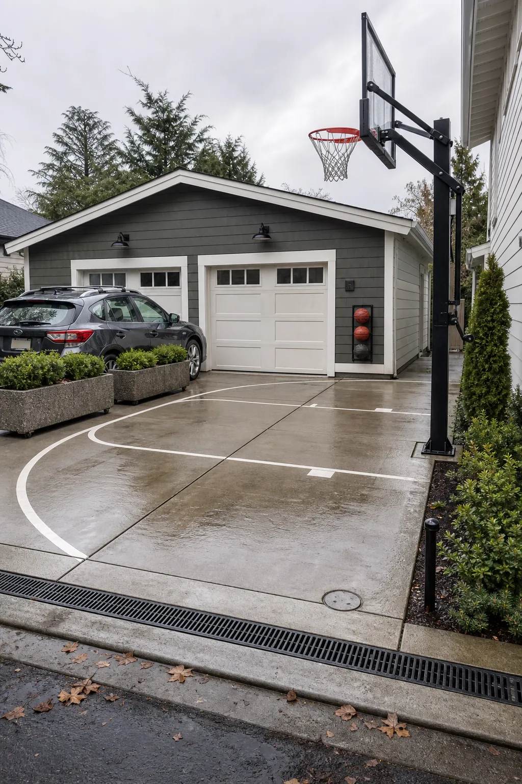 Compact driveway basketball court with a recessed adjustable hoop
