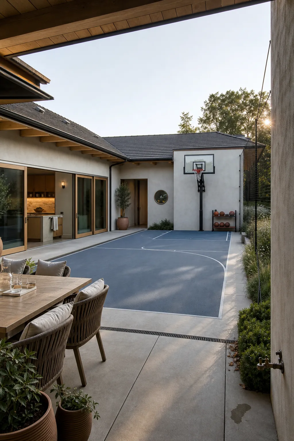 Courtyard house arranged around a contemporary outdoor basketball half court