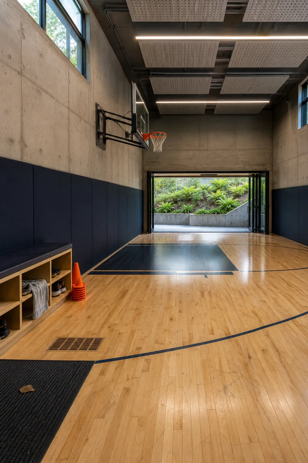 Walkout basement home sports court filled with natural daylight