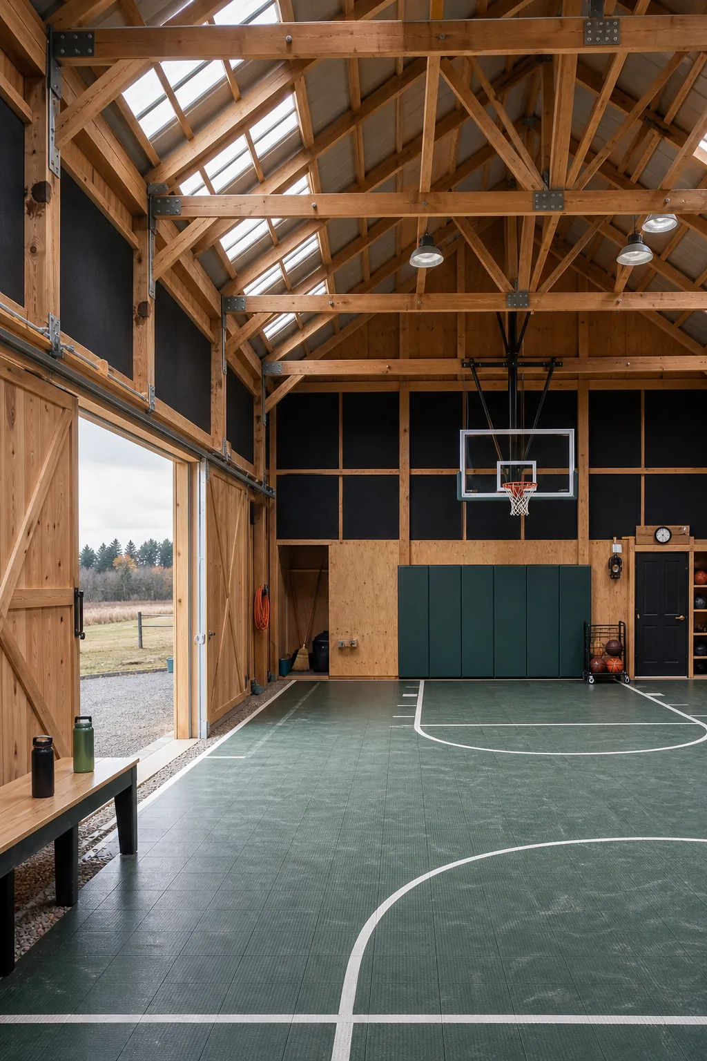 Barn basketball court with exposed timber trusses and durable sports flooring