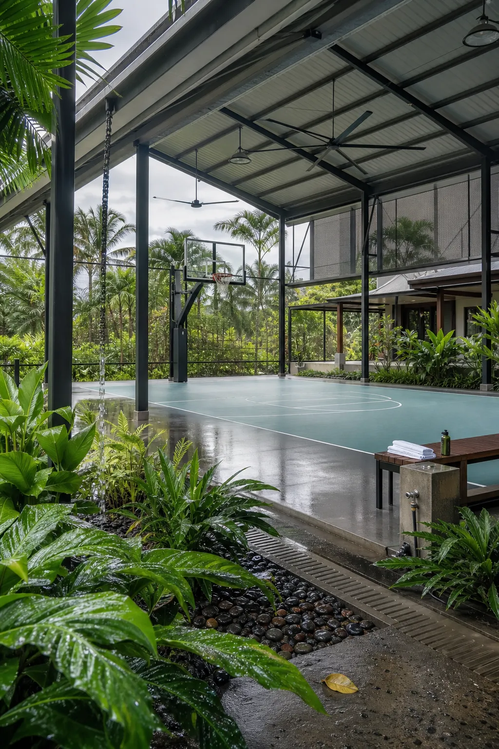 Covered tropical home basketball court with open sides and deep roof eaves