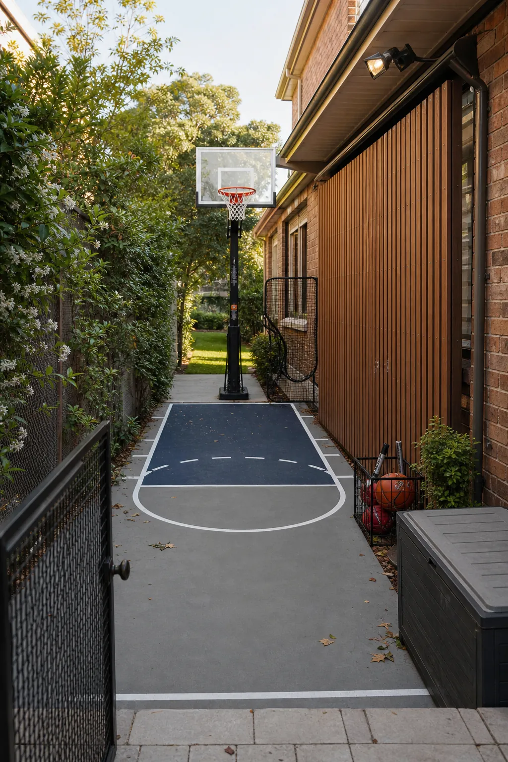 Bungalow house design with a narrow side-yard basketball practice court