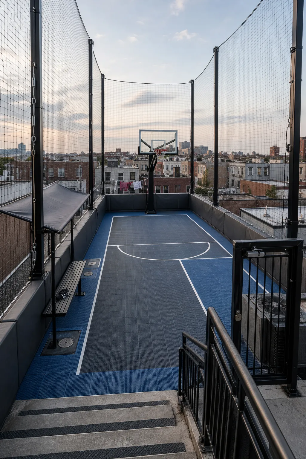 Contemporary house with a safe rooftop basketball court and mesh perimeter