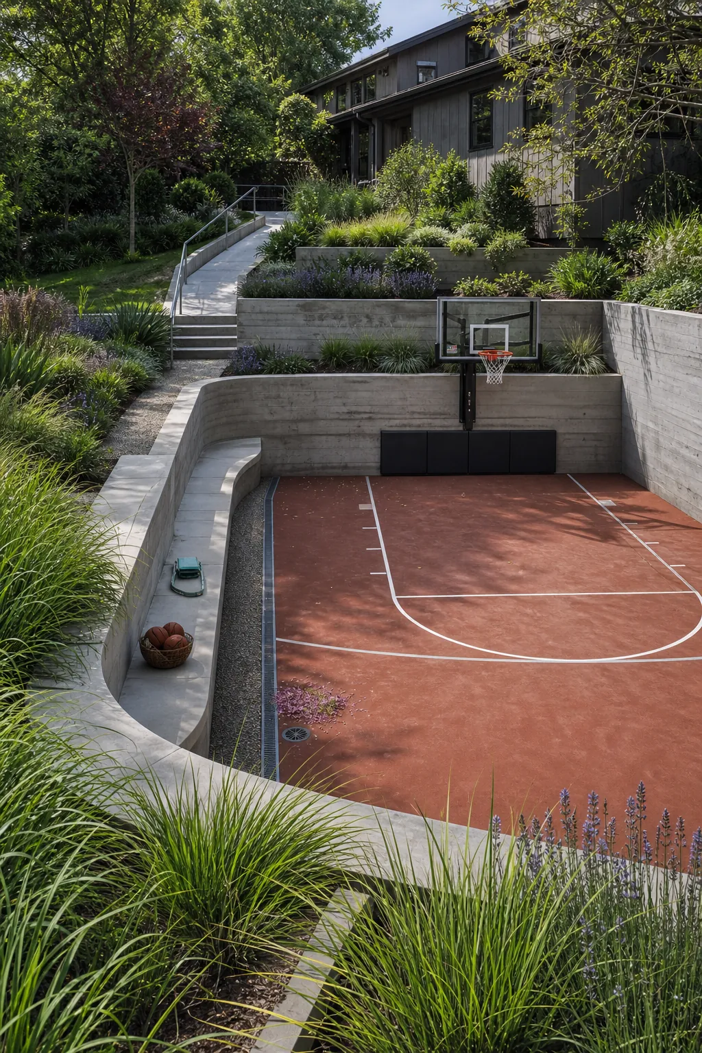 Sunken garden basketball court with terraced planting and built-in seating