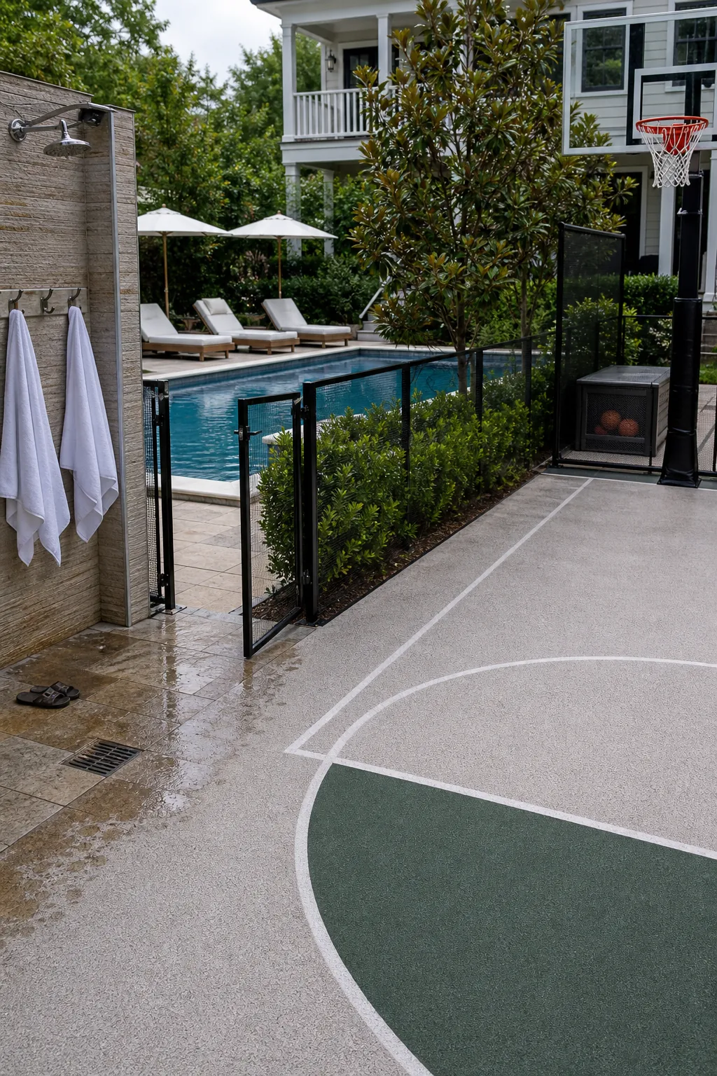 Poolside home basketball court separated by a safe dry transition zone