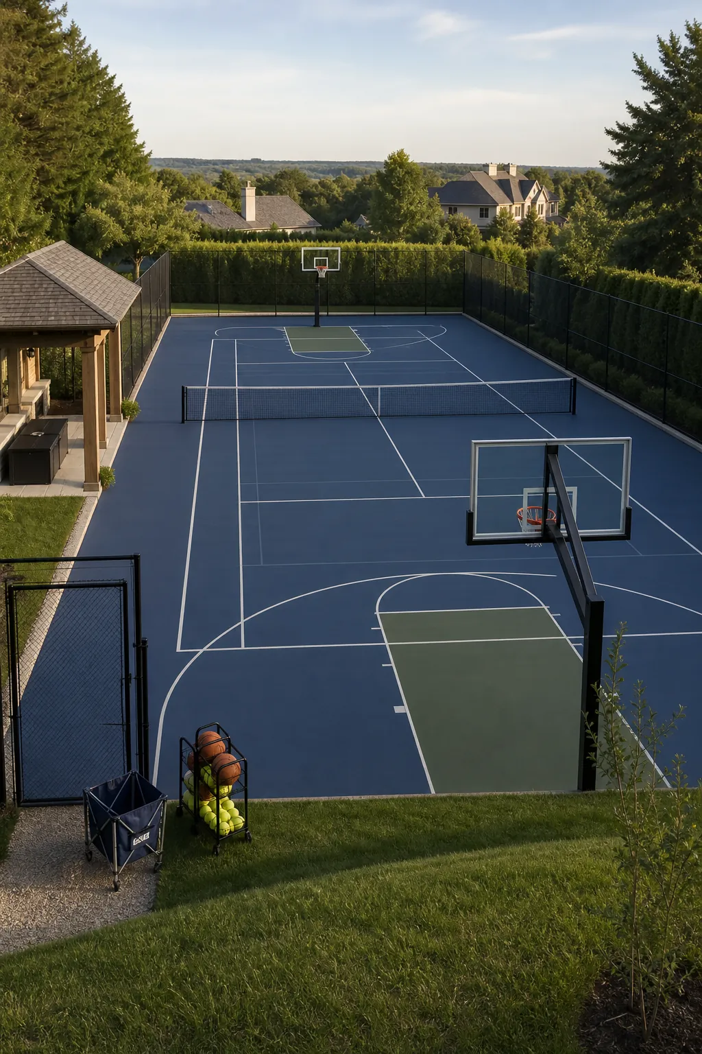 Large home sports court combining basketball and tennis layouts