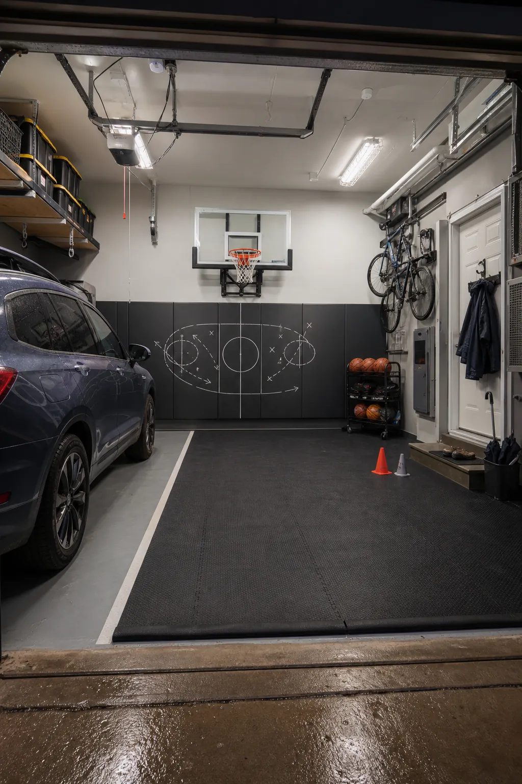 Organized garage basketball court with a folding hoop and protected storage