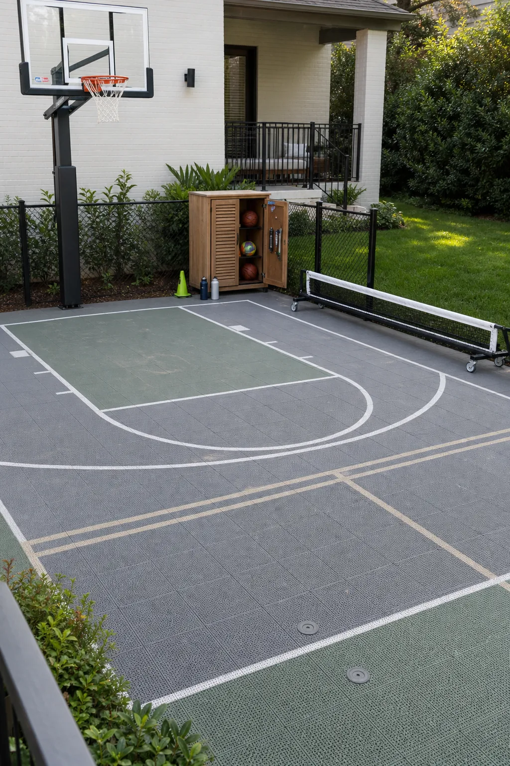 Family home sports court marked for basketball and pickleball