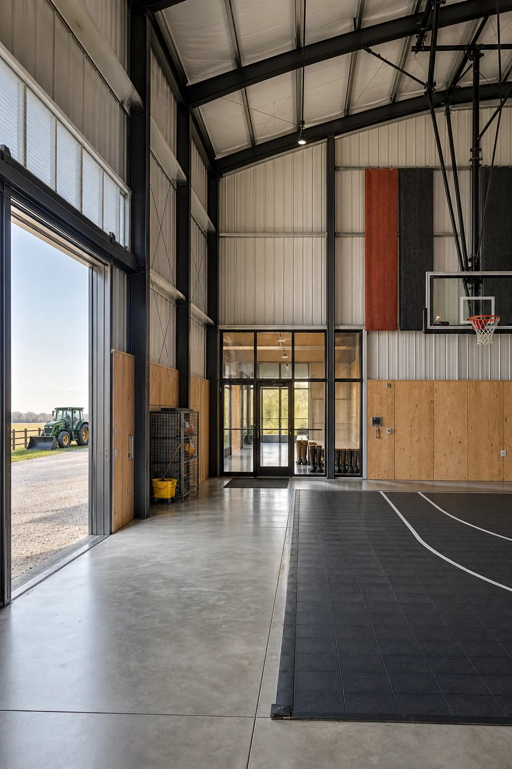 Barndominium floor plan with an indoor basketball court behind sliding doors