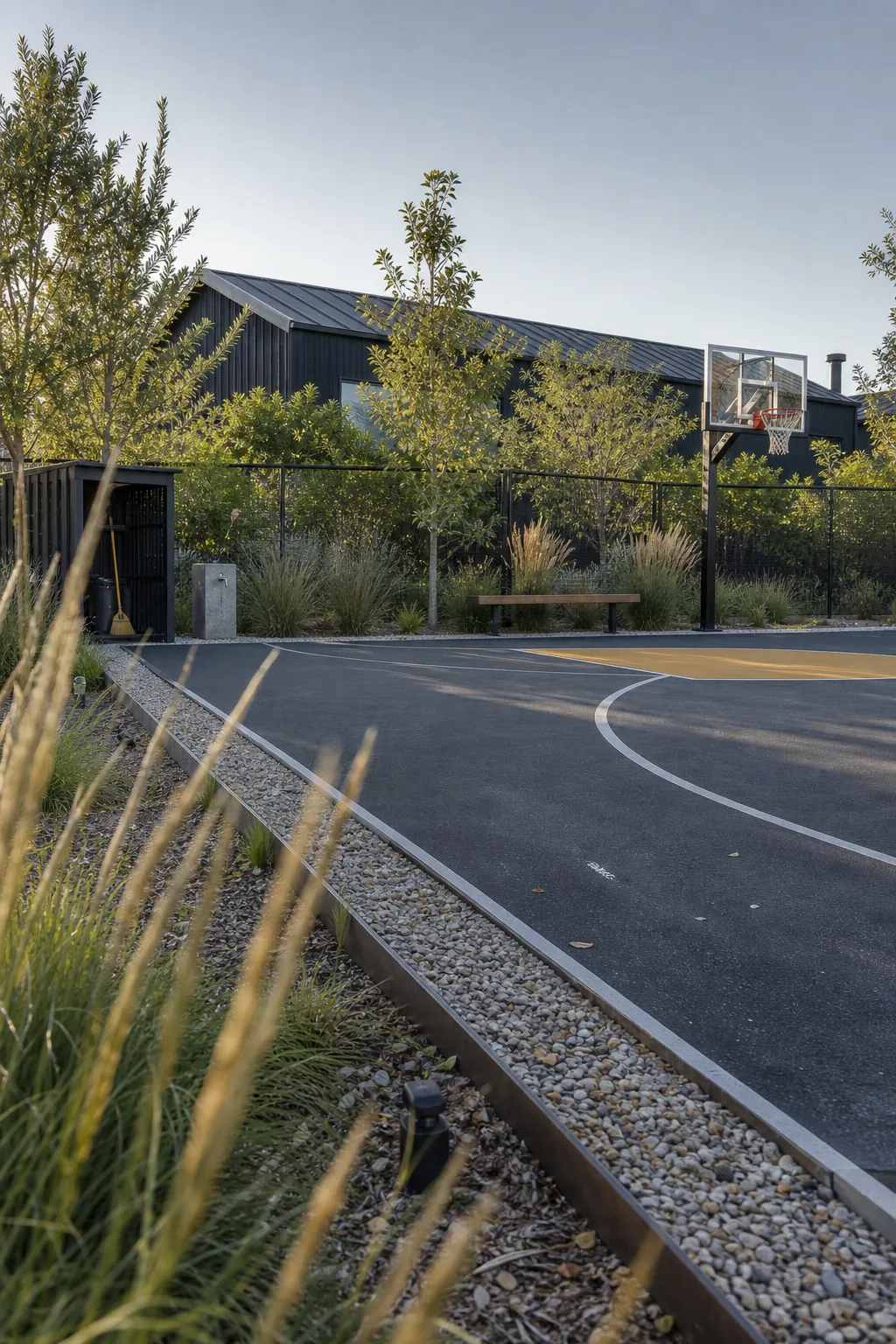 Modern blacktop home basketball court framed by native planting