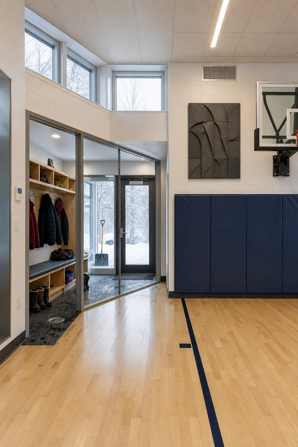 Four-season indoor basketball court connected to a practical family mudroom