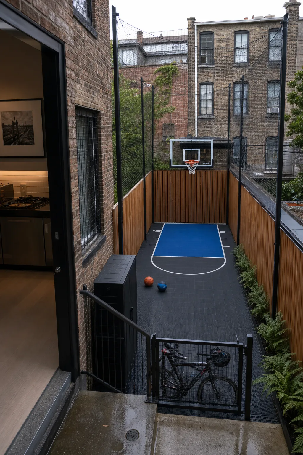 Small urban backyard basketball court with tall vertical ball nets