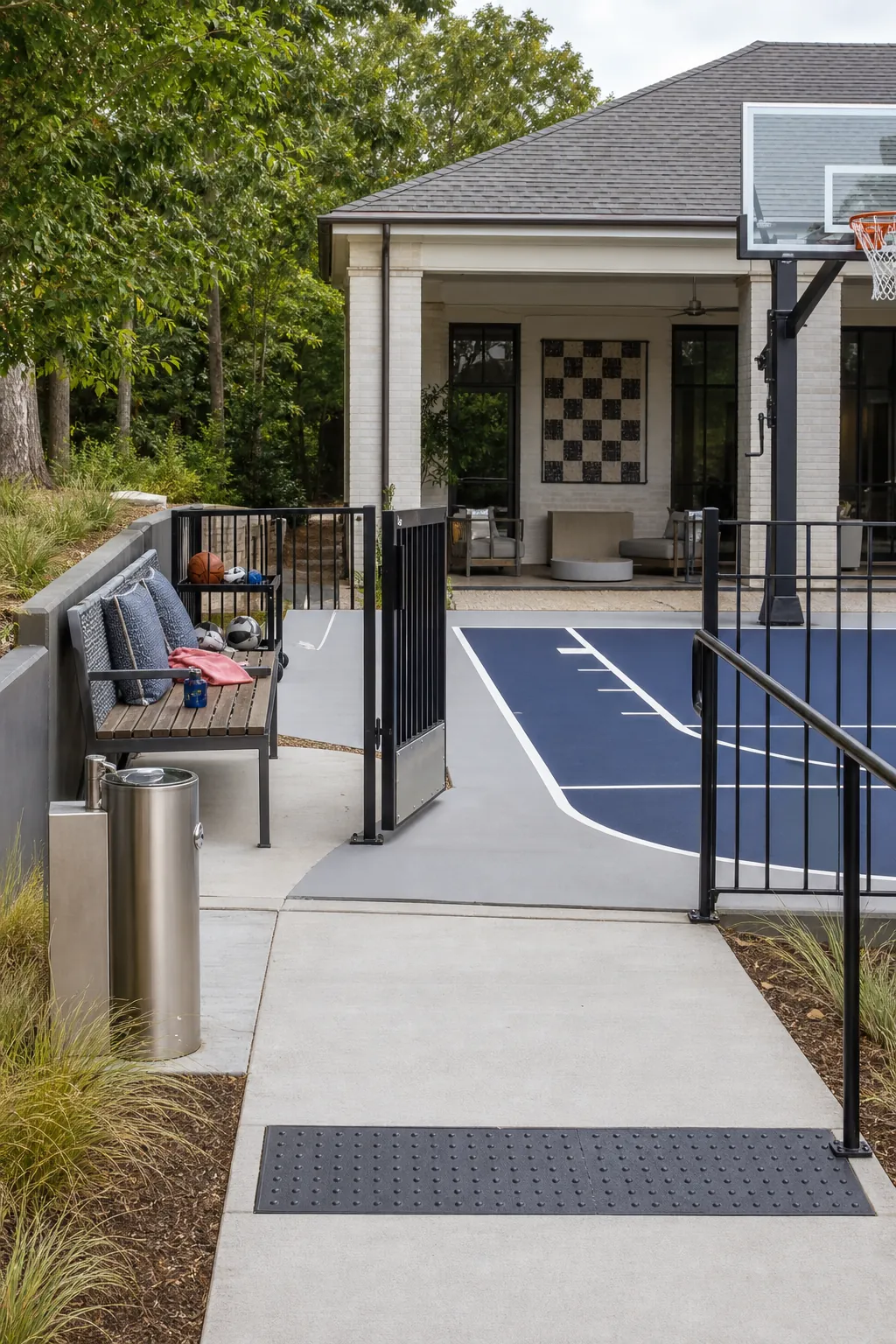Accessible home basketball court with a step-free route and family viewing area