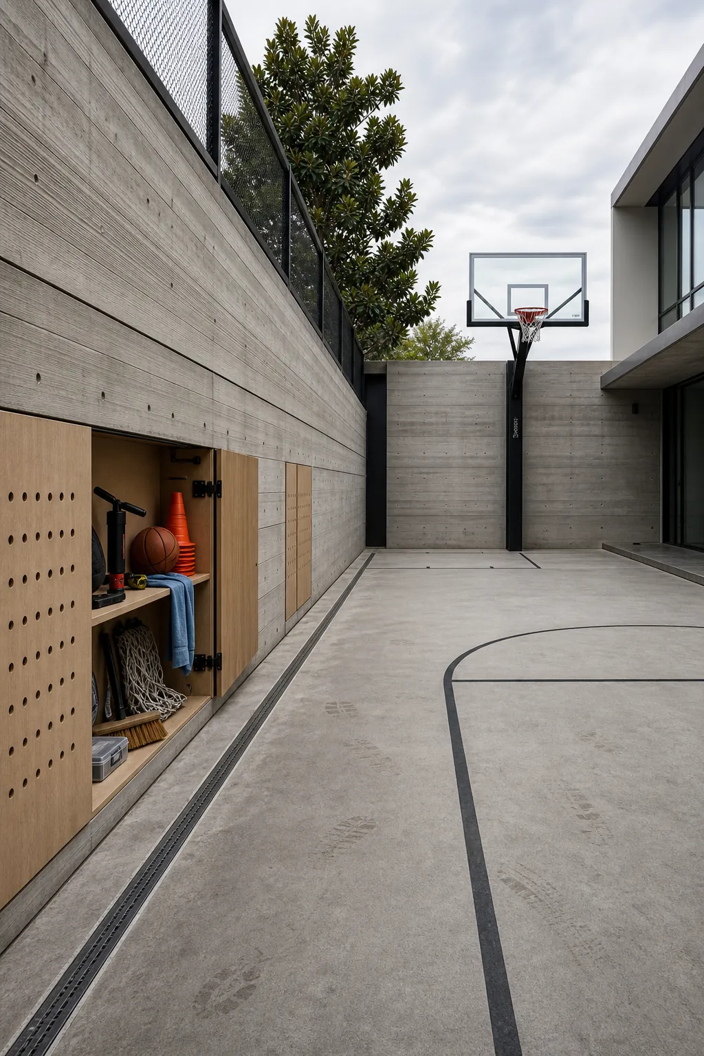 Minimalist concrete basketball court with hidden equipment storage