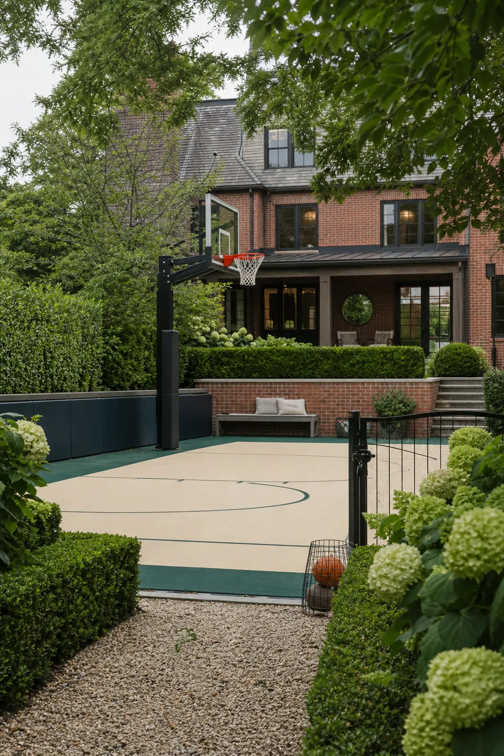 Classic brick house with a landscaped garden basketball half court