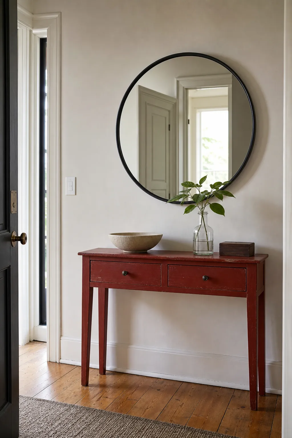 Round wall mirror correctly proportioned over a painted entryway table