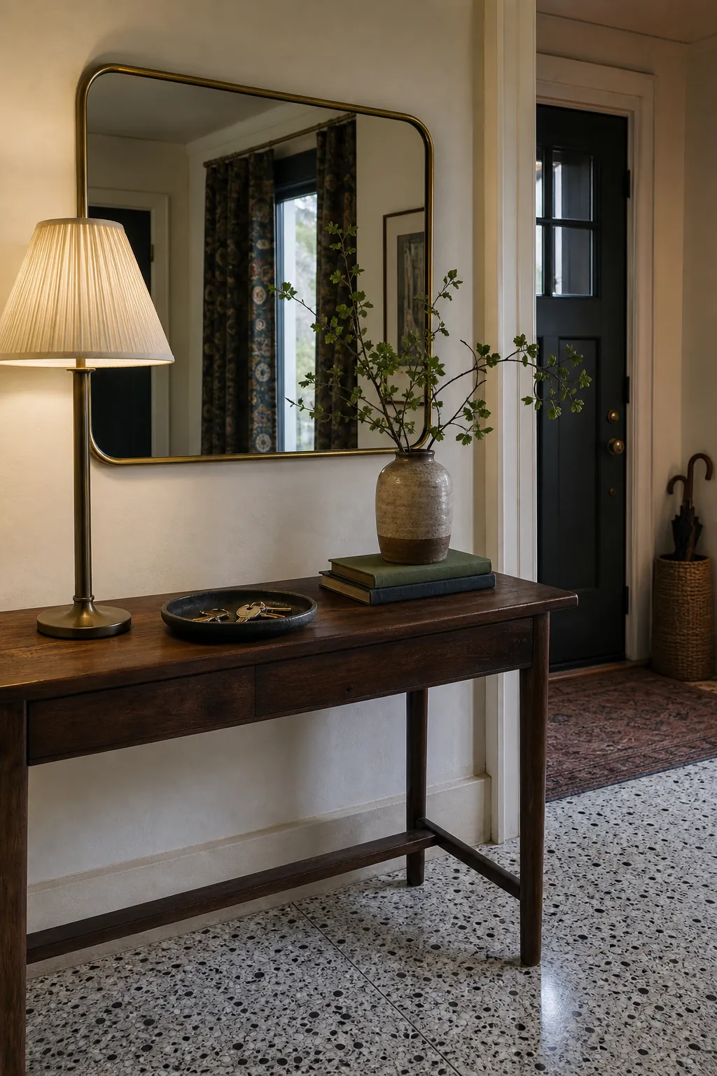 Entryway table styled with a mirror lamp vase and low key tray
