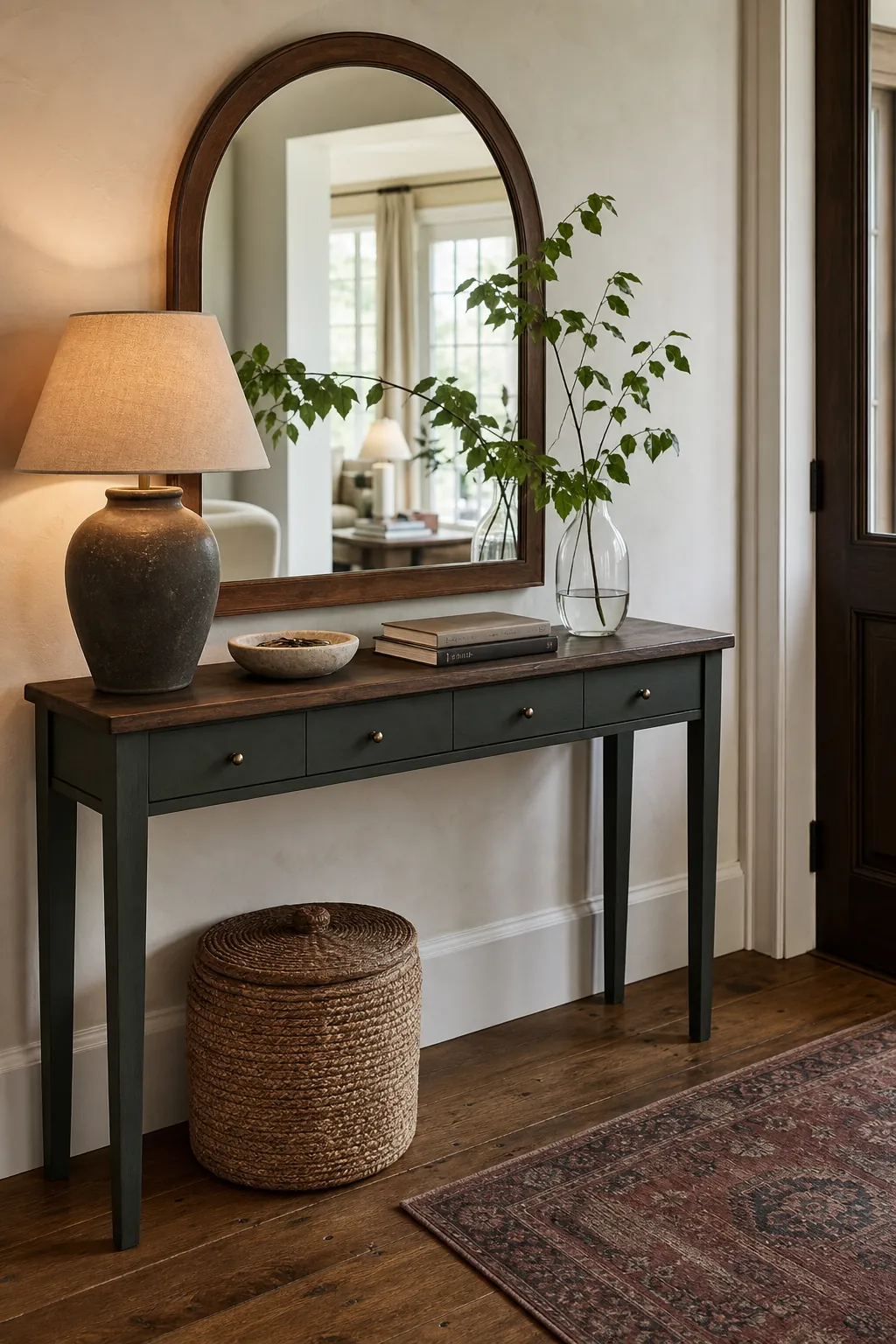 Finished entryway table styled with an arched mirror and practical decor