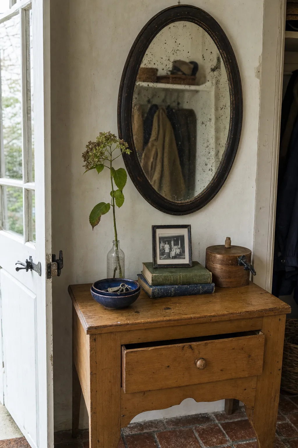 Vintage entryway mirror styled with useful and personal tabletop details
