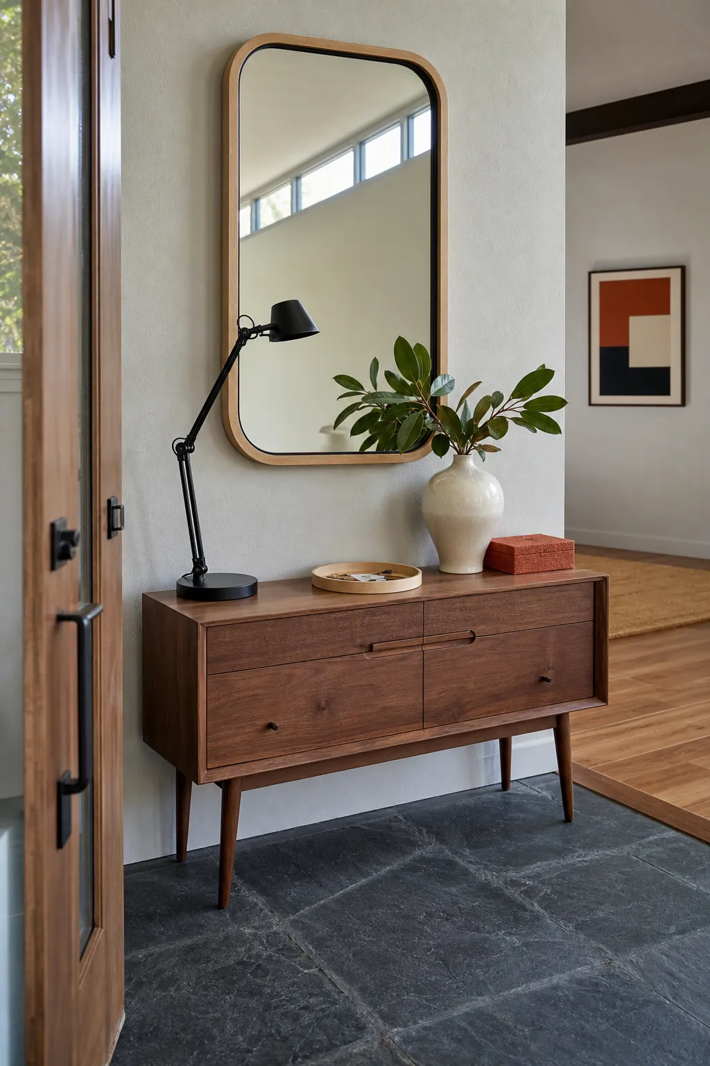 Entryway mirror and console connected by repeated wood and metal finishes