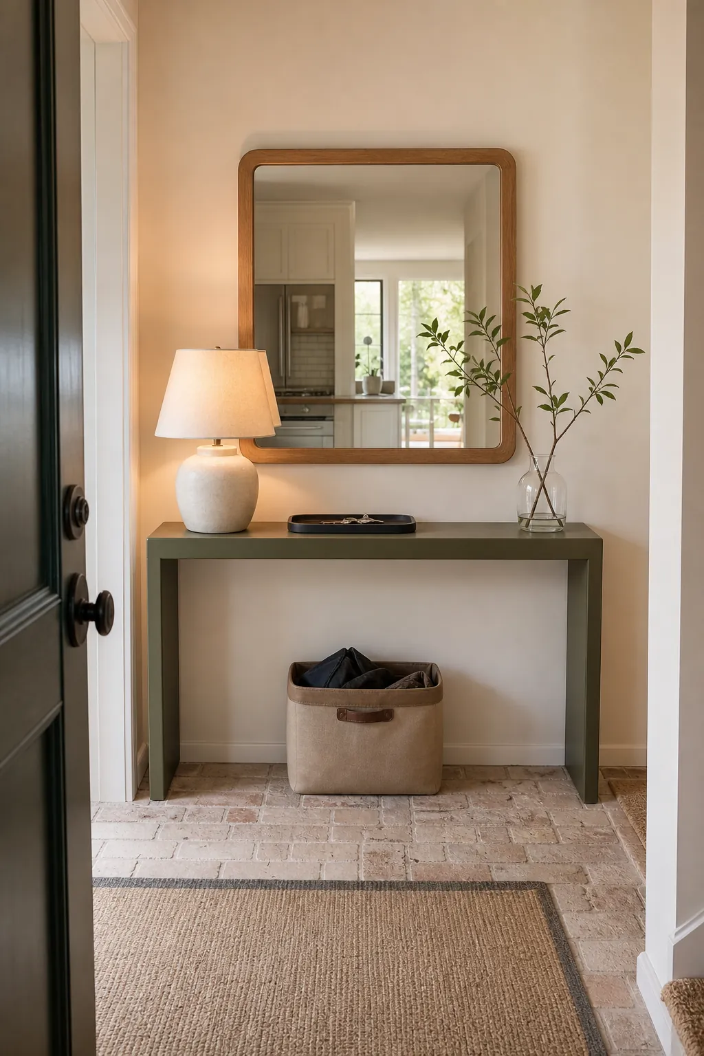 Finished entryway table with a mirror and restrained functional styling