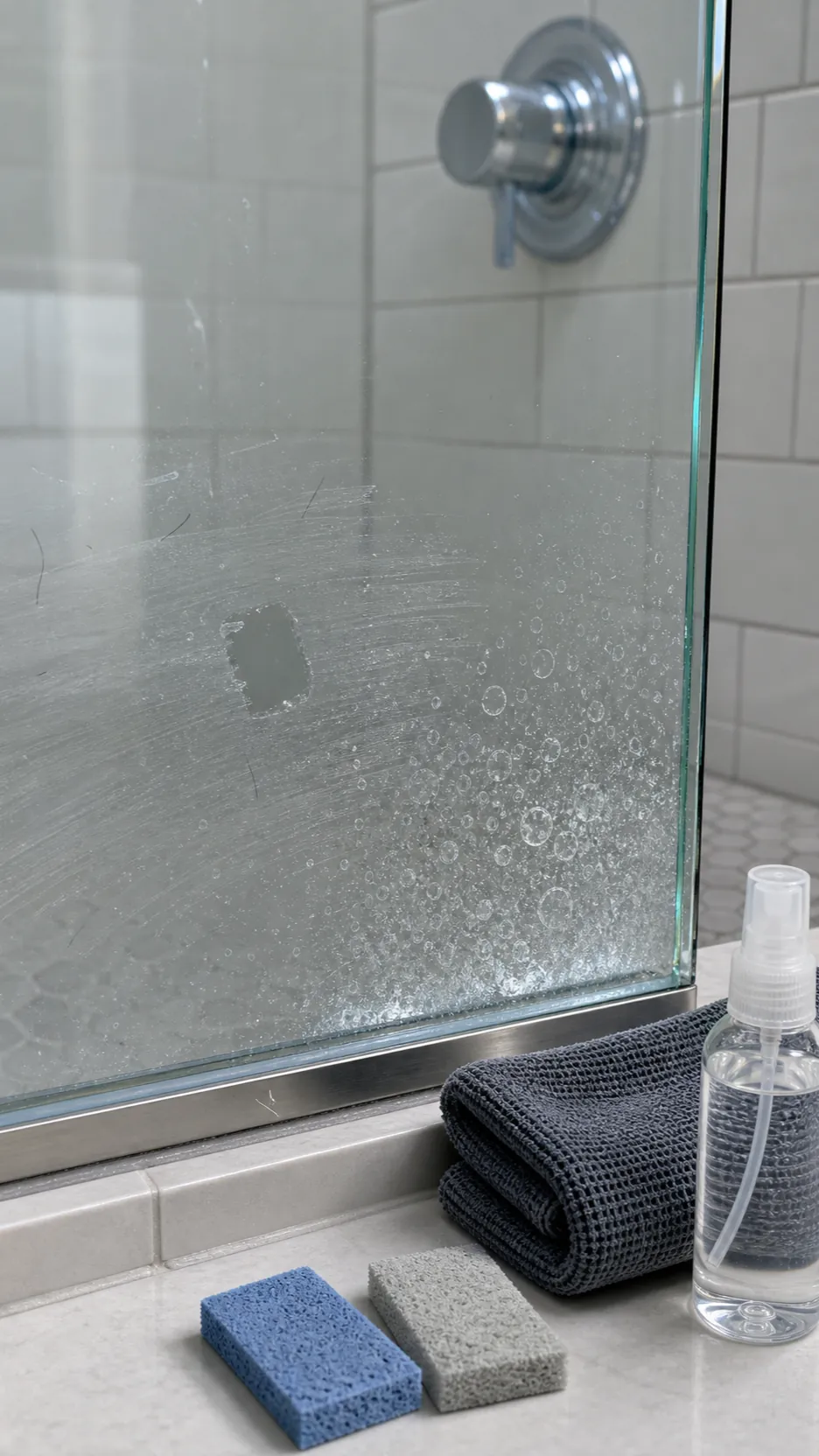 Close view of soap film and hard-water spots on a glass shower door