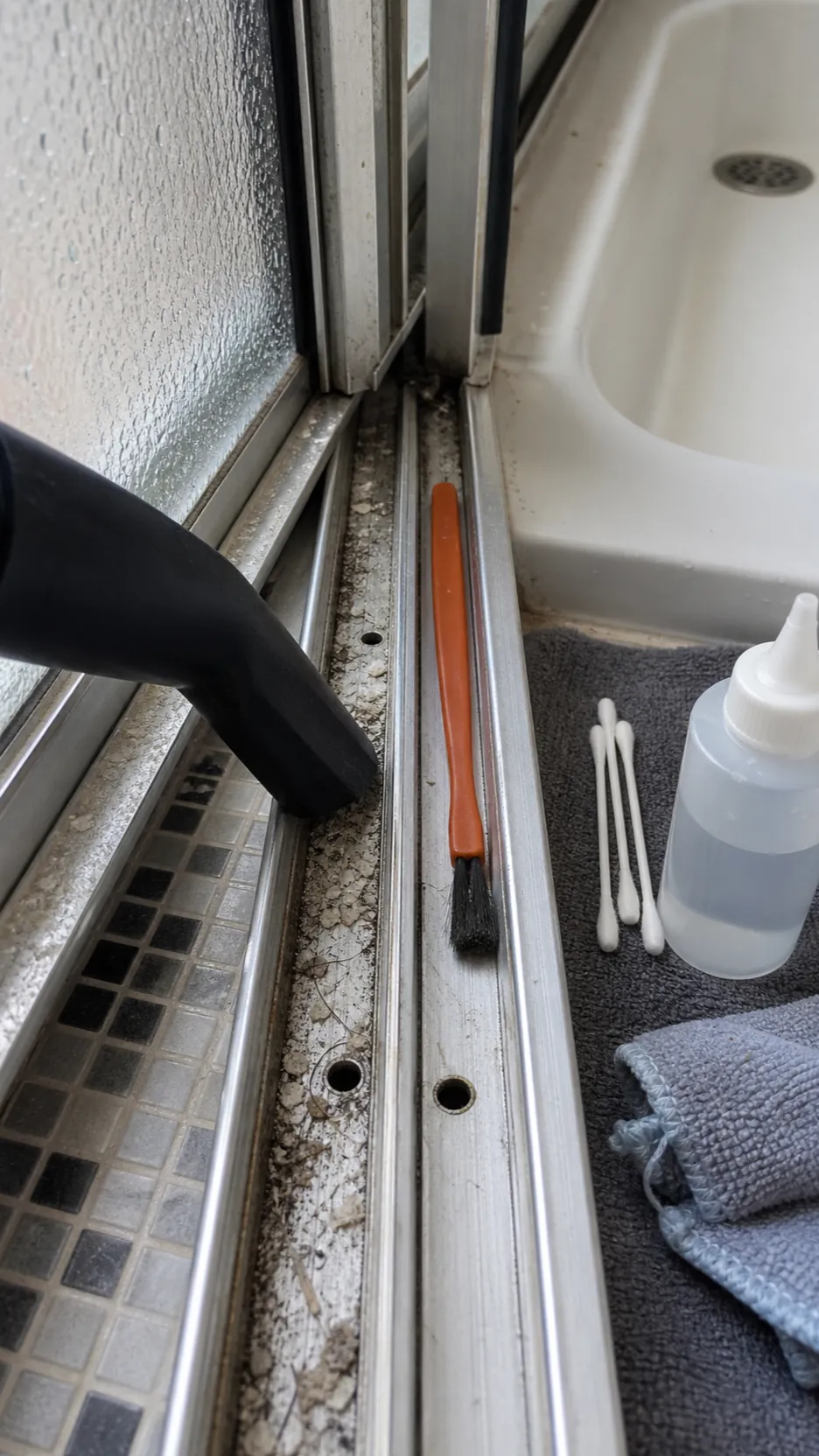 Crevice tool and detail brush removing dry debris from shower door tracks