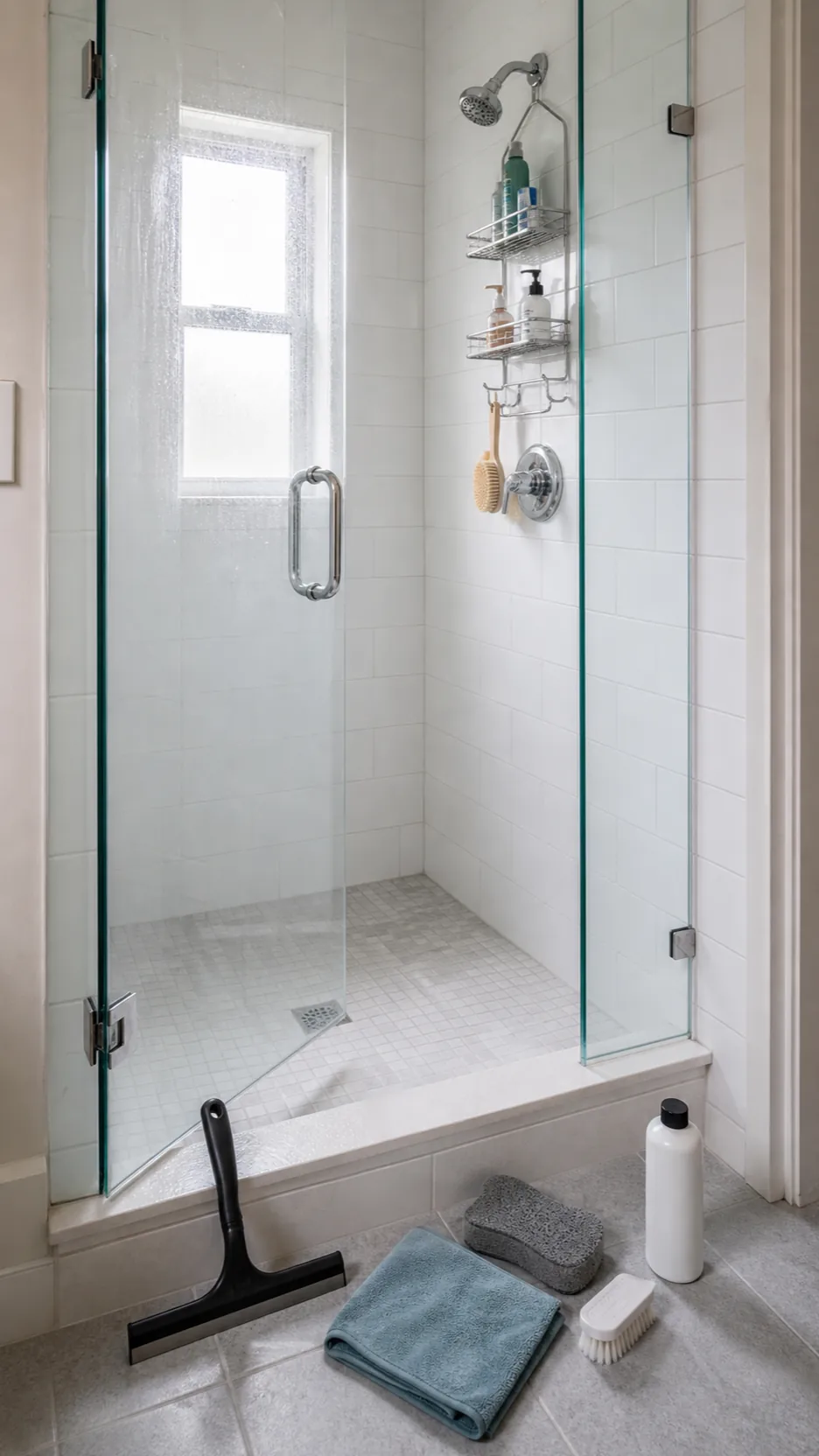 Fresh glass shower with practical cleaning tools and a squeegee