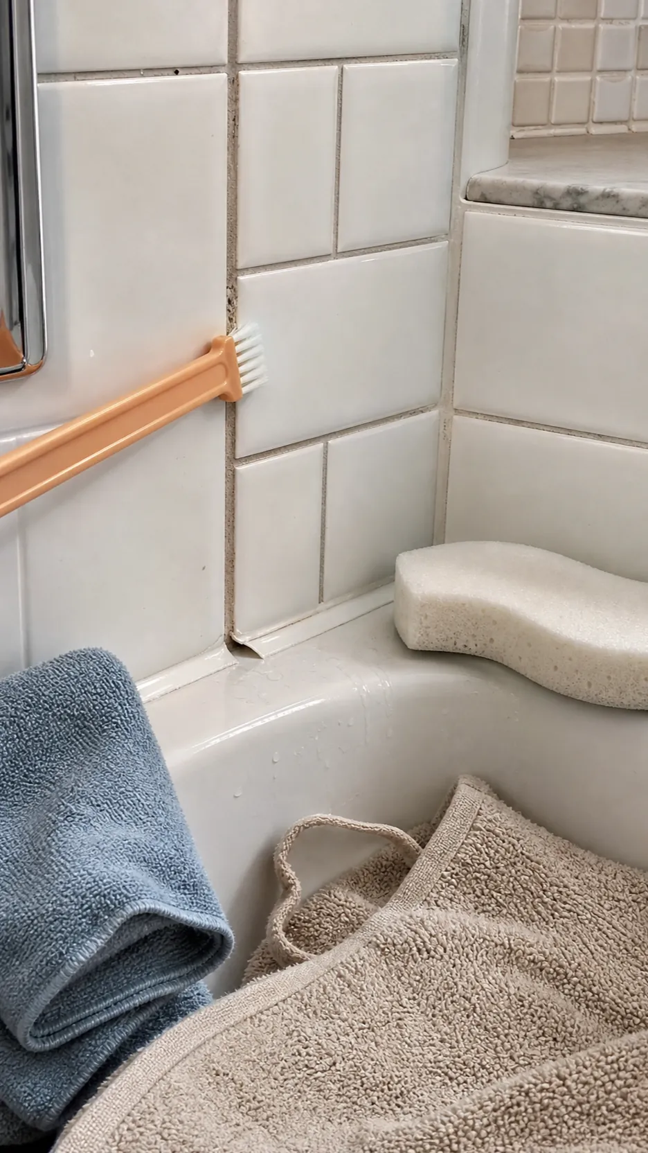Soft nylon brushes cleaning intact shower grout and flexible caulk separately