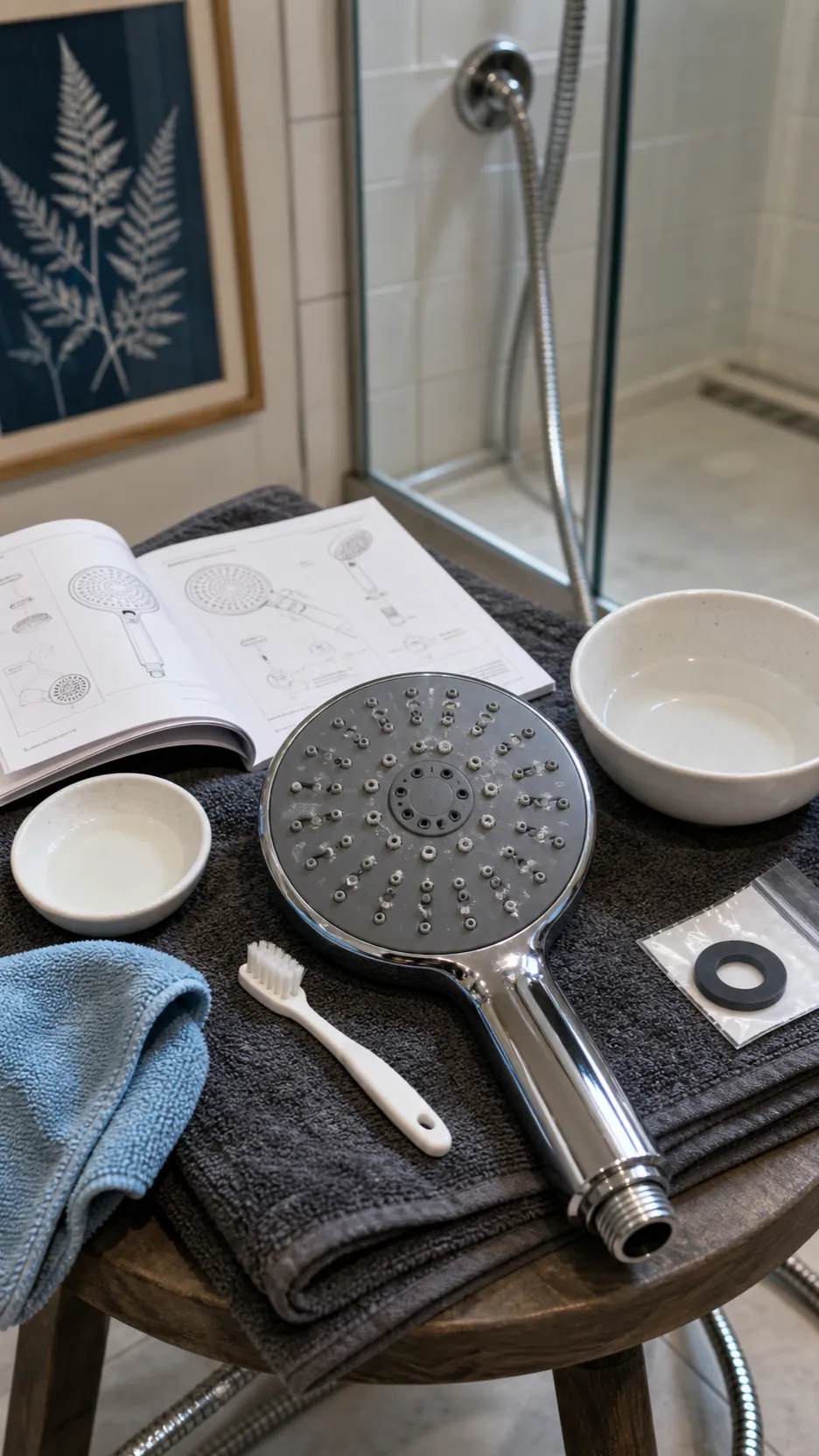 Soft cloth and brush cleaning mineral deposits from a removable showerhead face