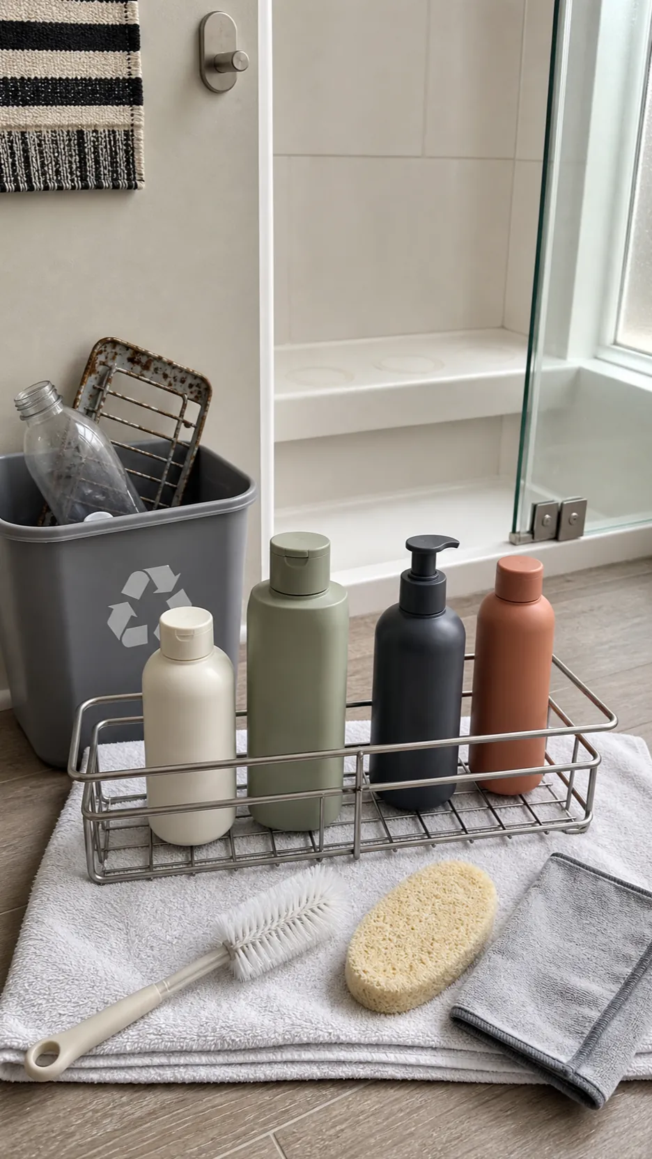 Draining shower caddy and cleaned bottle bases spaced for airflow