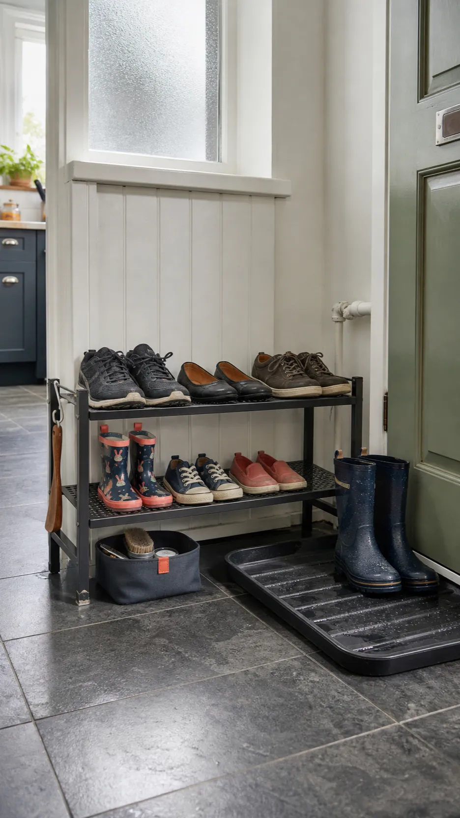 Compact shoe storage holding only everyday pairs in a small entryway