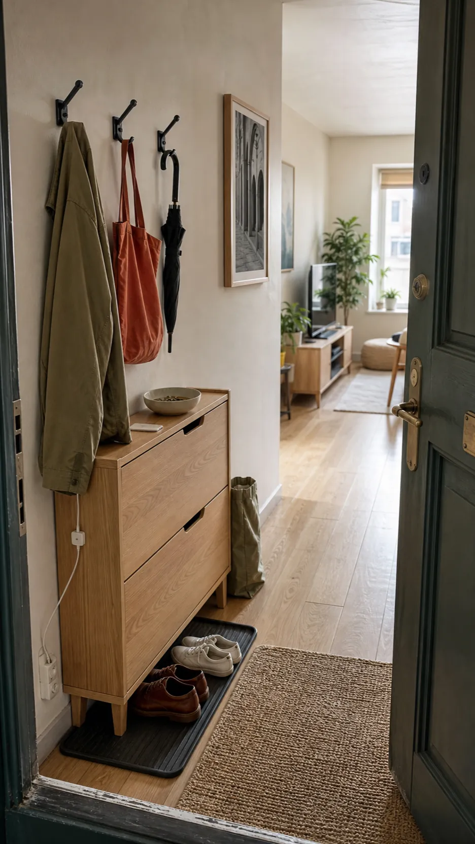 Clean and organized small entryway with practical vertical storage